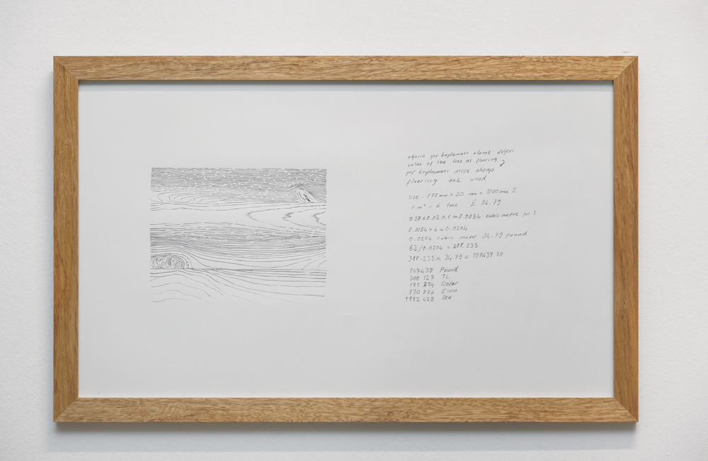 pencil drawing wood and handwriting calculations beside that in the same frame