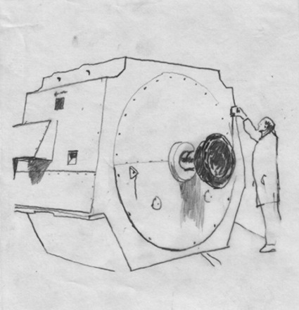 pencil drawing: a man tries to open a huge machine